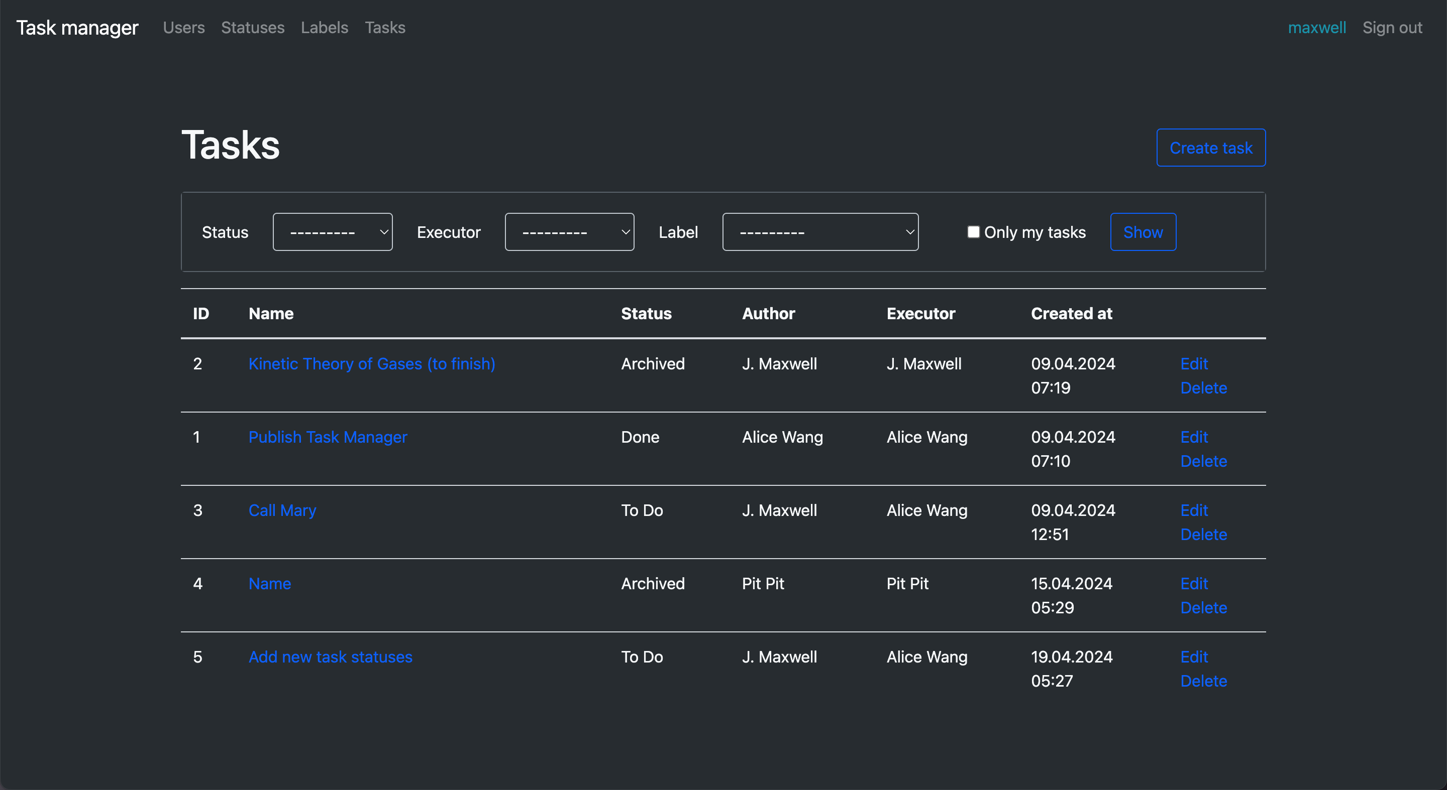 Task Manager tasks list page